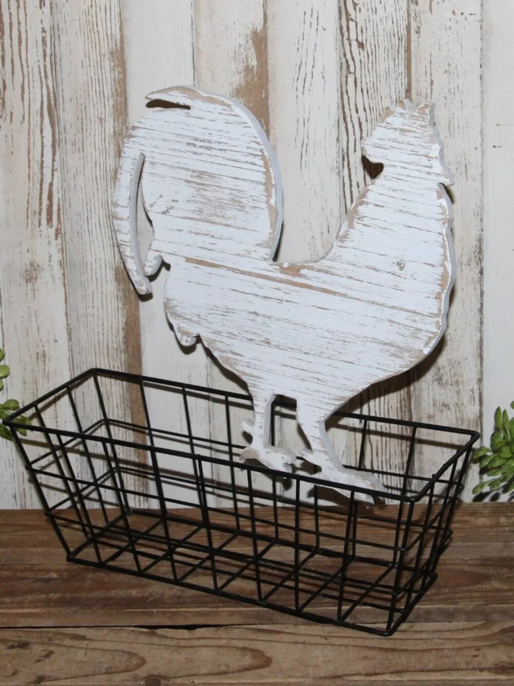 Adorable Distressed White & Black Farmhouse Rooster Countertop or Wall Basket